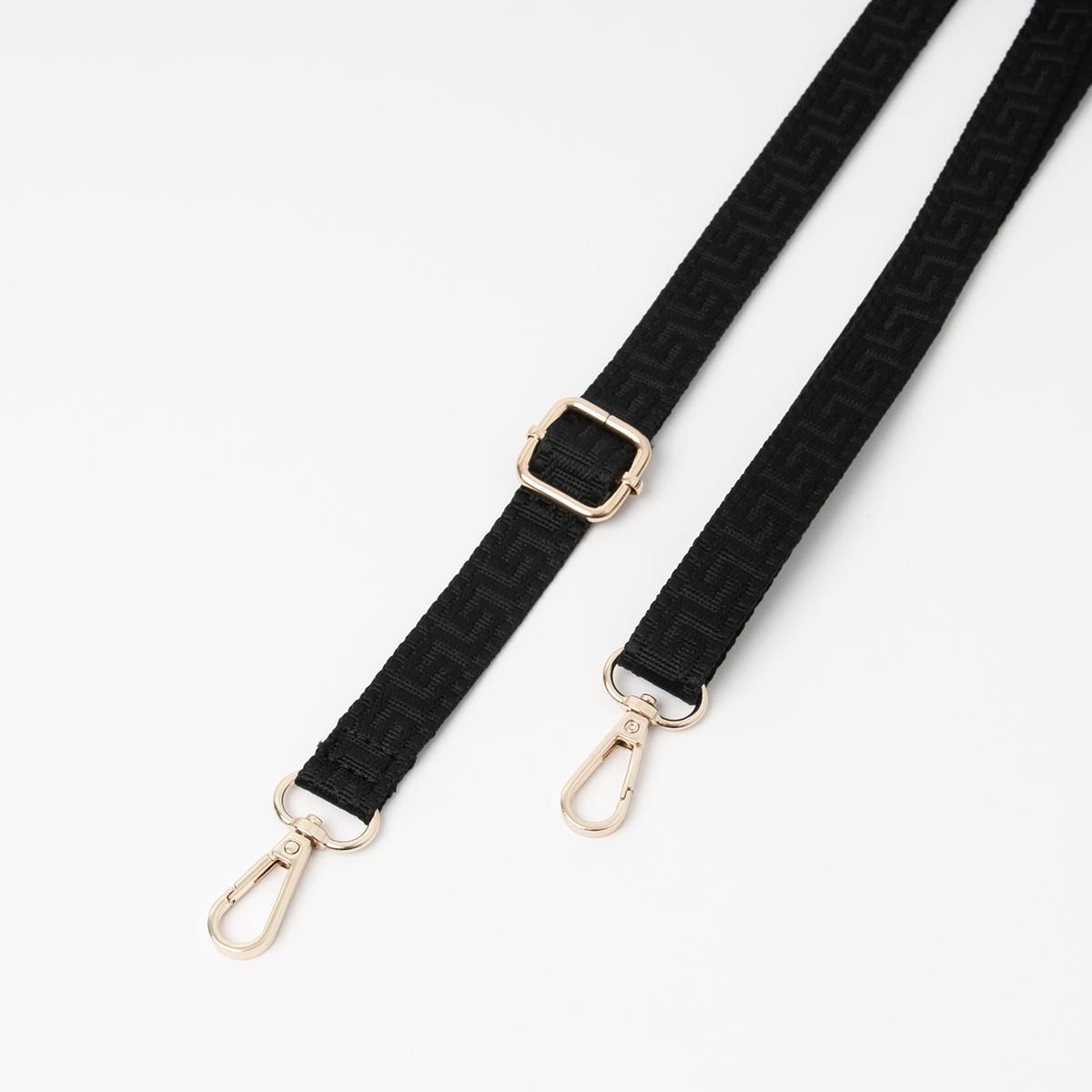 Smal skulderrem svart - ensfarget veskereim med vevet mønster og gullfarget metall