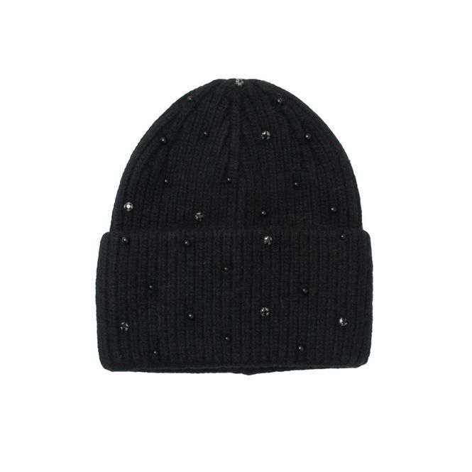 Hovedbilde Svart ribbestrikket lue med perler - ullblanding